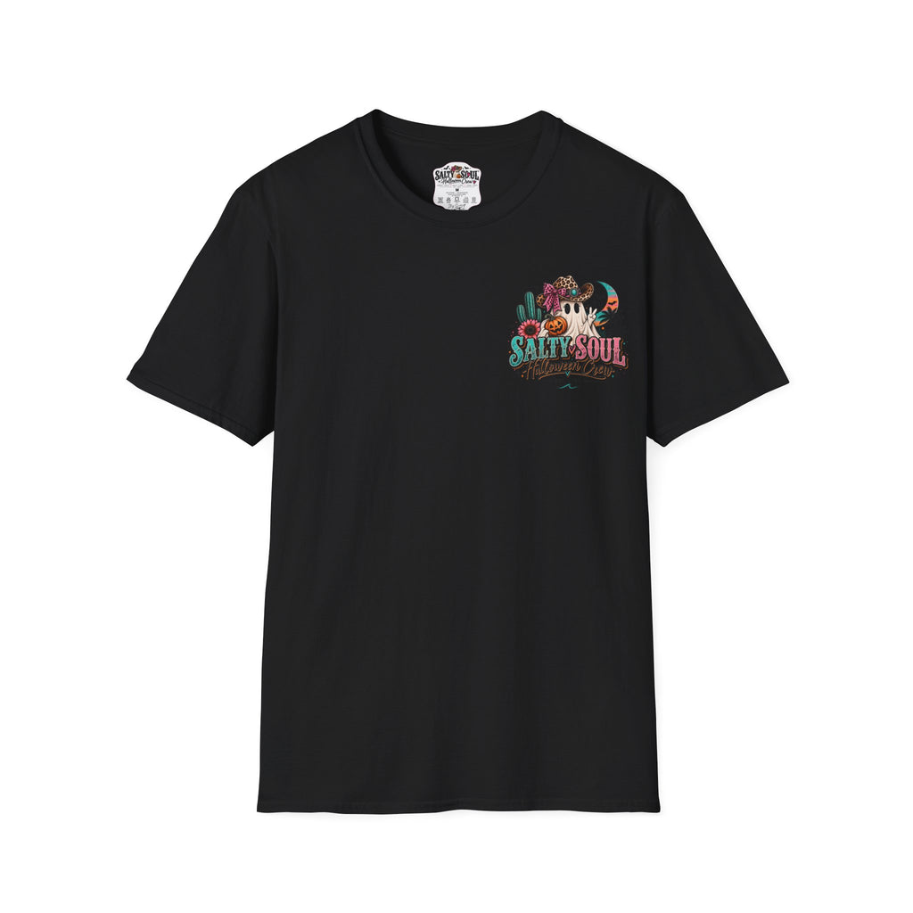 Halloween Crewneck T-Shirt – Spooky Cactus Pumpkin Desert Floral "Salty Soul" Design