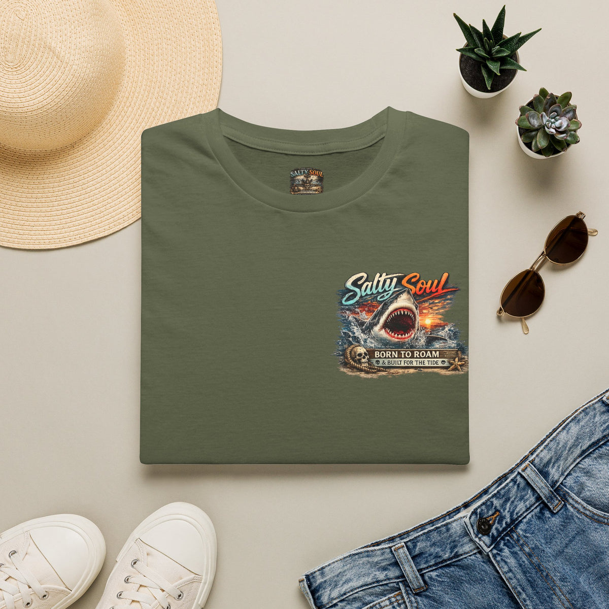 T-Shirt — "Salty Soul" Beach Shark Graphic Tee