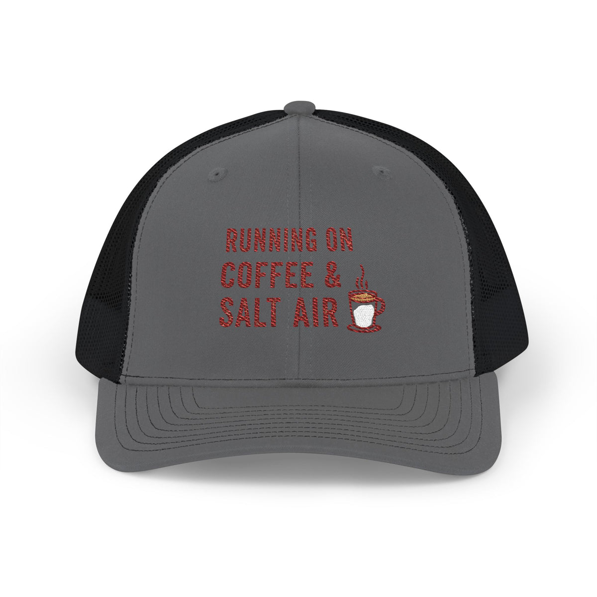 Coffee & Salt Air Trucker Cap — "Running on Coffee & Salt Air" Embroidered Snapback