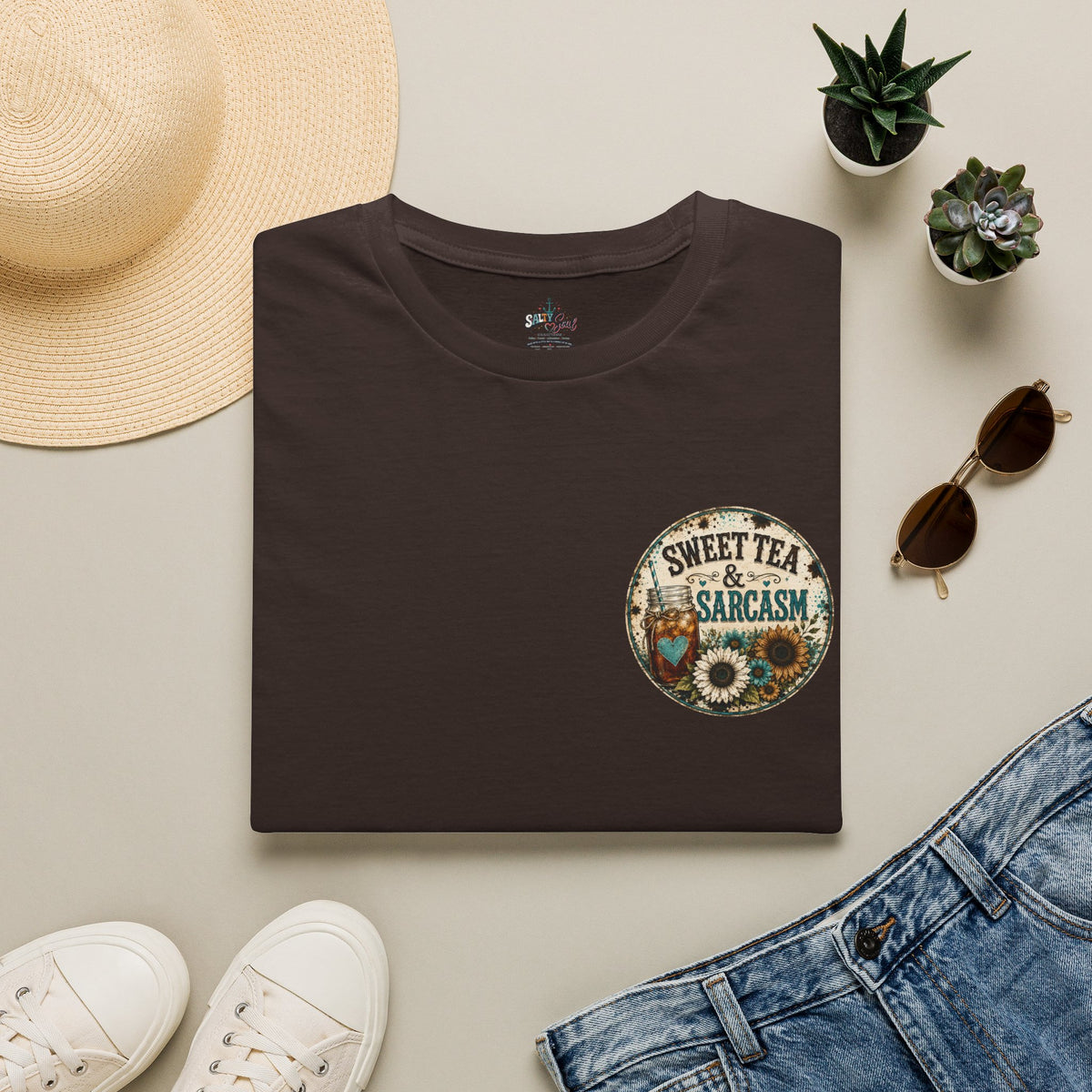 T-Shirt — 'Sweet Tea & Sarcasm' Vintage Floral Pocket Graphic