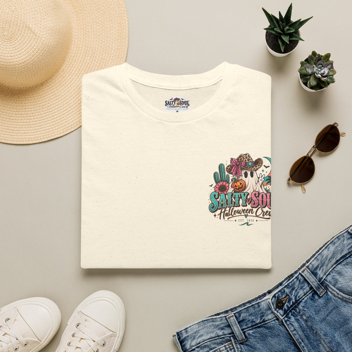 Halloween Crewneck T-Shirt – Spooky Cactus Pumpkin Desert Floral "Salty Soul" Design