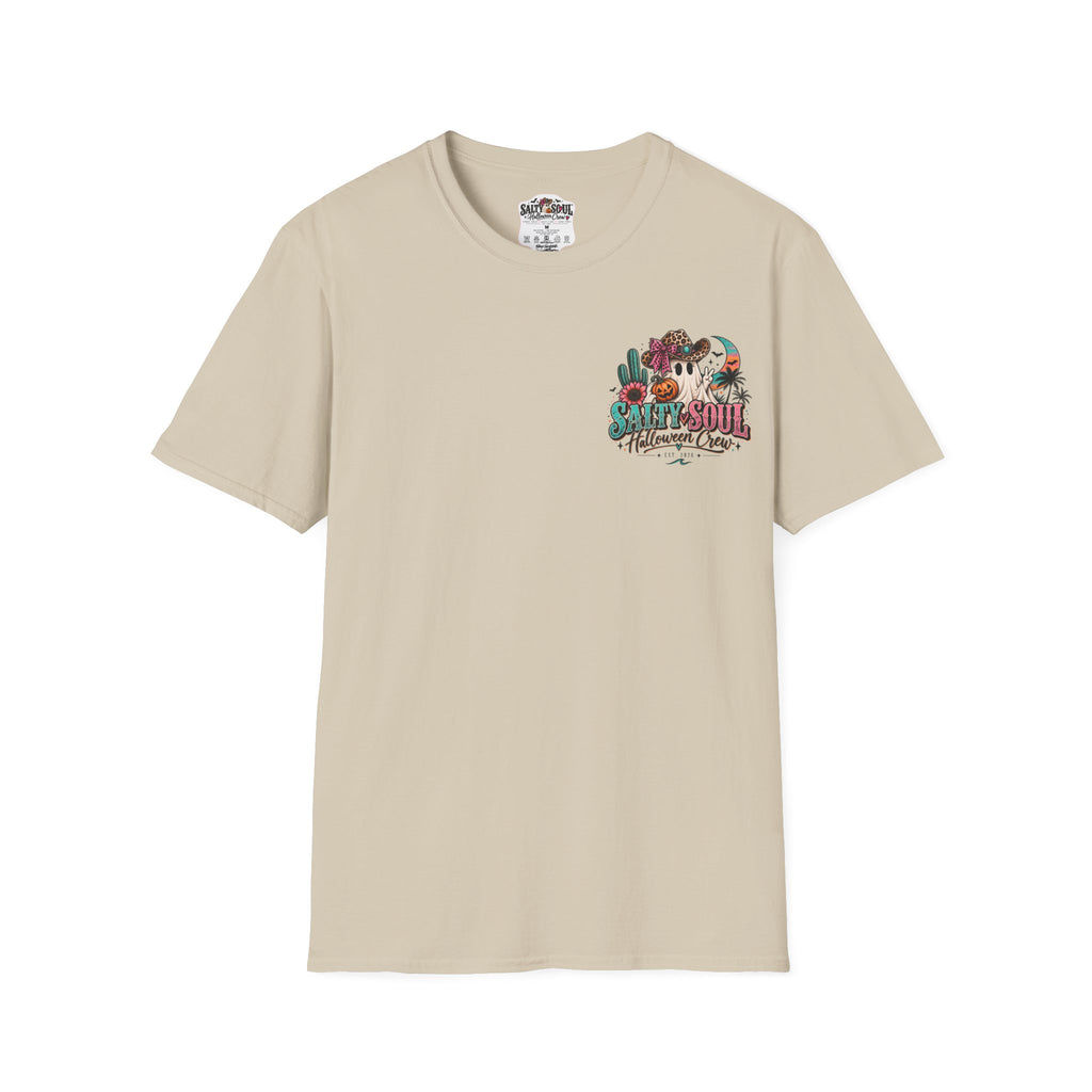 Halloween Crewneck T-Shirt – Spooky Cactus Pumpkin Desert Floral "Salty Soul" Design
