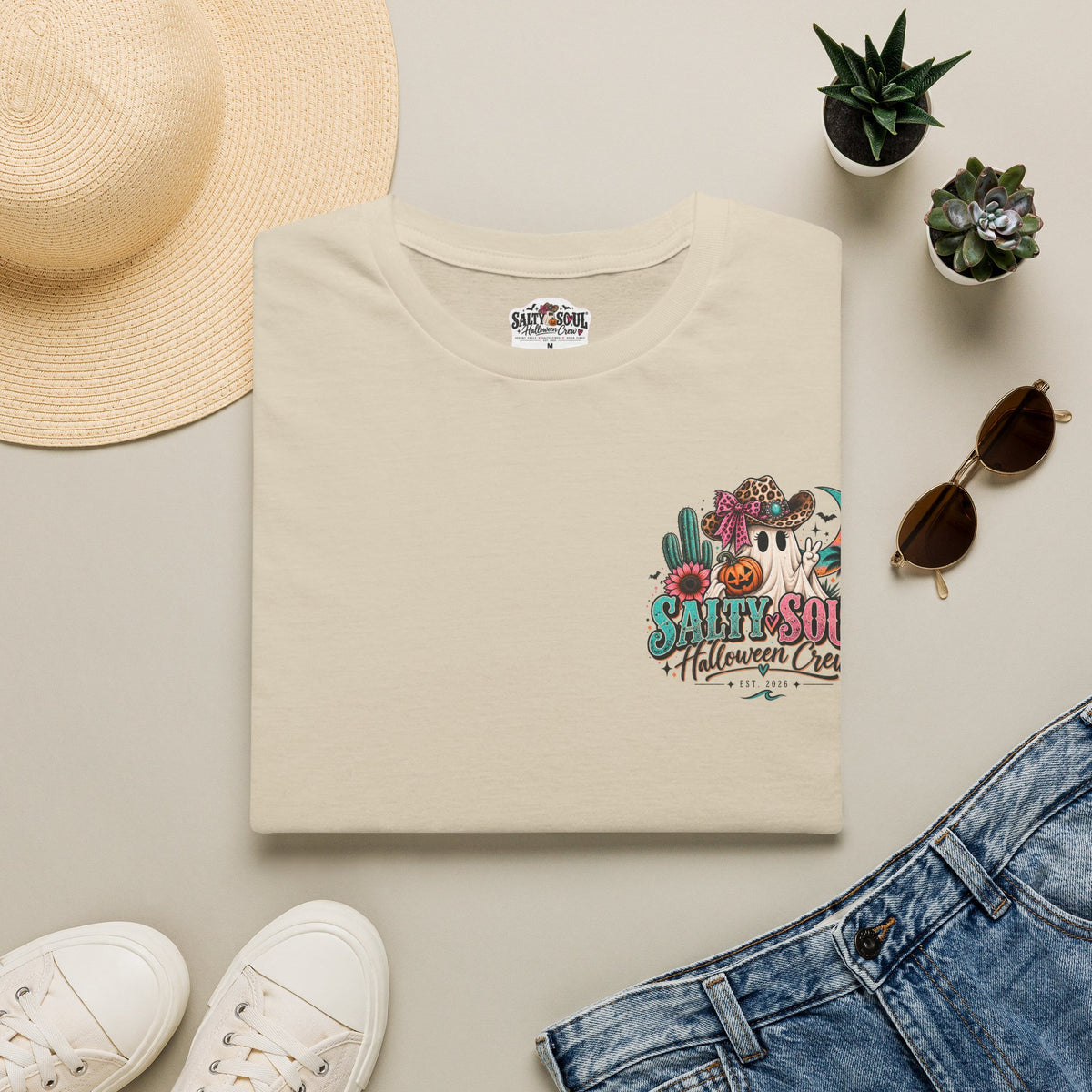 Halloween Crewneck T-Shirt – Spooky Cactus Pumpkin Desert Floral "Salty Soul" Design