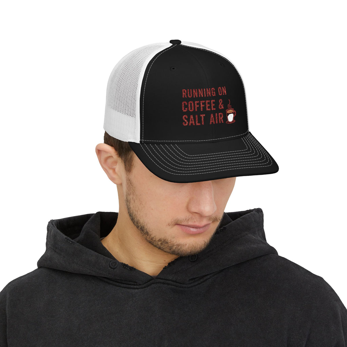 Coffee & Salt Air Trucker Cap — "Running on Coffee & Salt Air" Embroidered Snapback