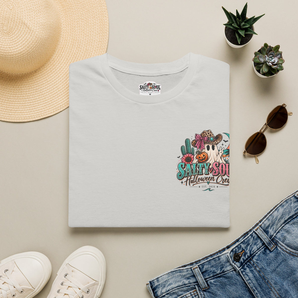 Halloween Crewneck T-Shirt – Spooky Cactus Pumpkin Desert Floral "Salty Soul" Design