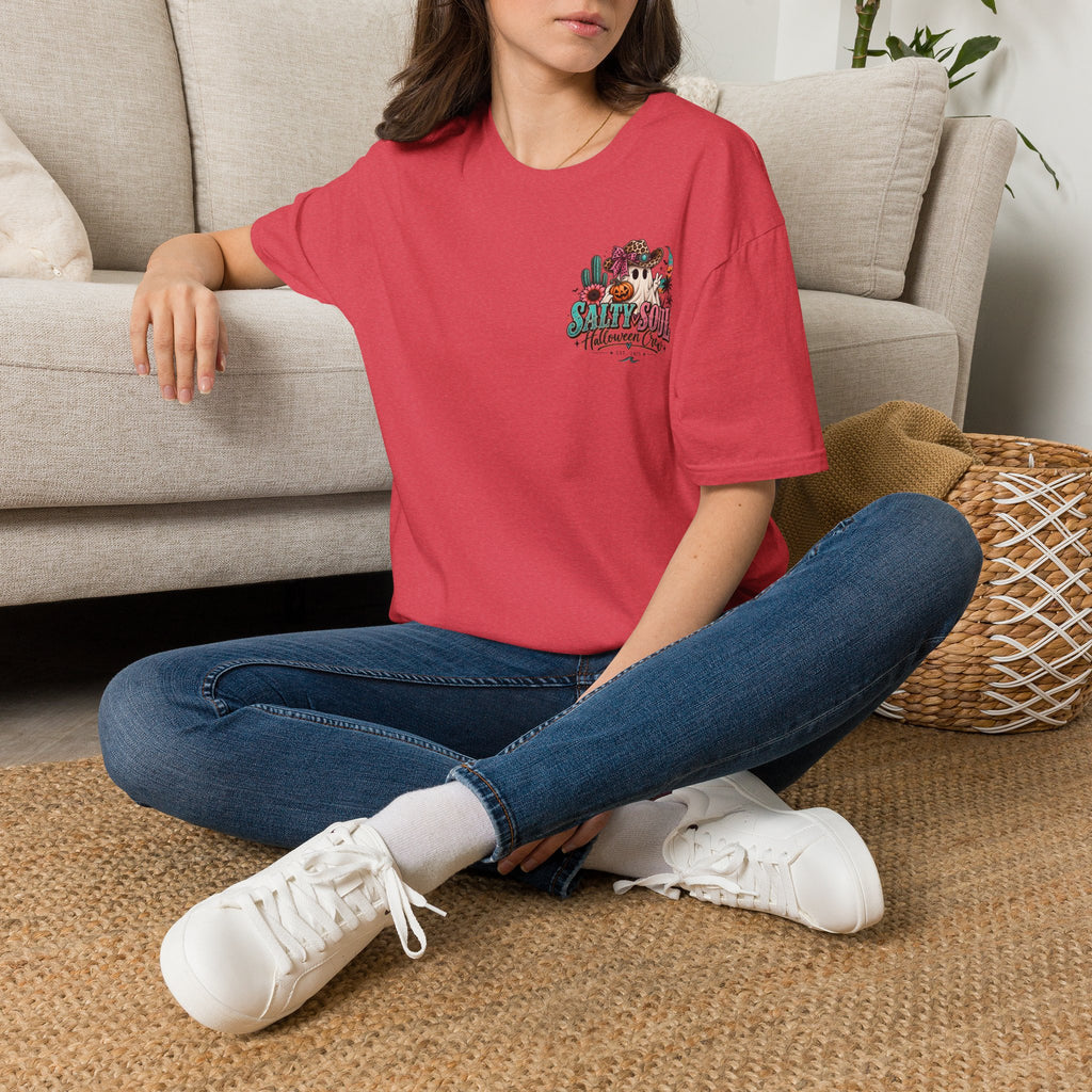 Halloween Crewneck T-Shirt – Spooky Cactus Pumpkin Desert Floral "Salty Soul" Design