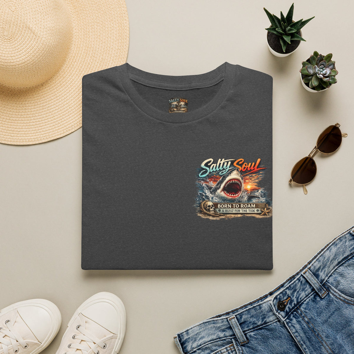 T-Shirt — "Salty Soul" Beach Shark Graphic Tee