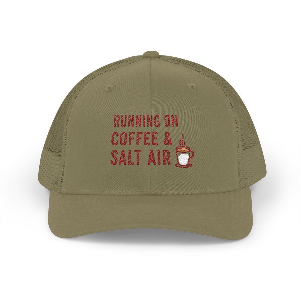 Coffee & Salt Air Trucker Cap — "Running on Coffee & Salt Air" Embroidered Snapback