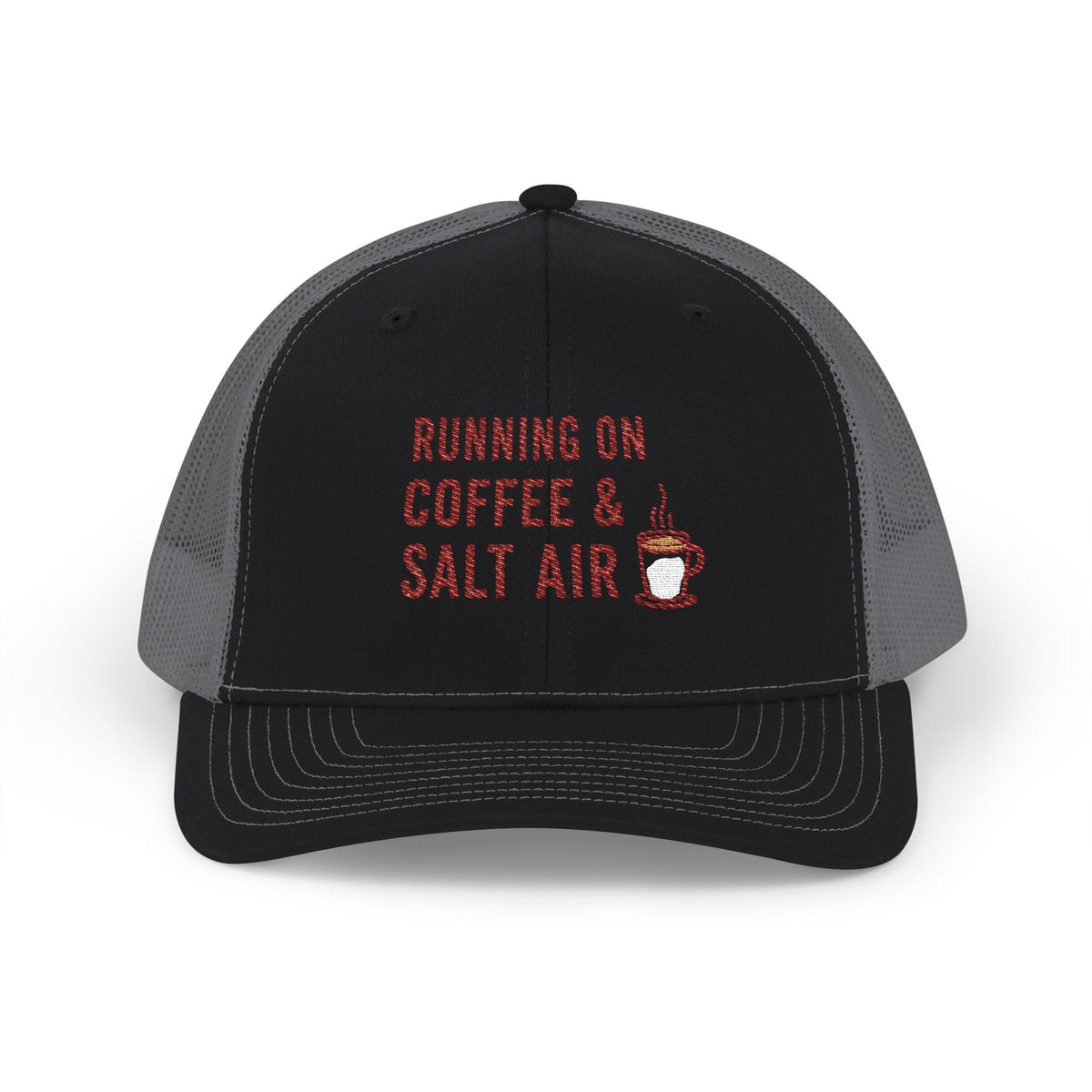 Coffee & Salt Air Trucker Cap — "Running on Coffee & Salt Air" Embroidered Snapback