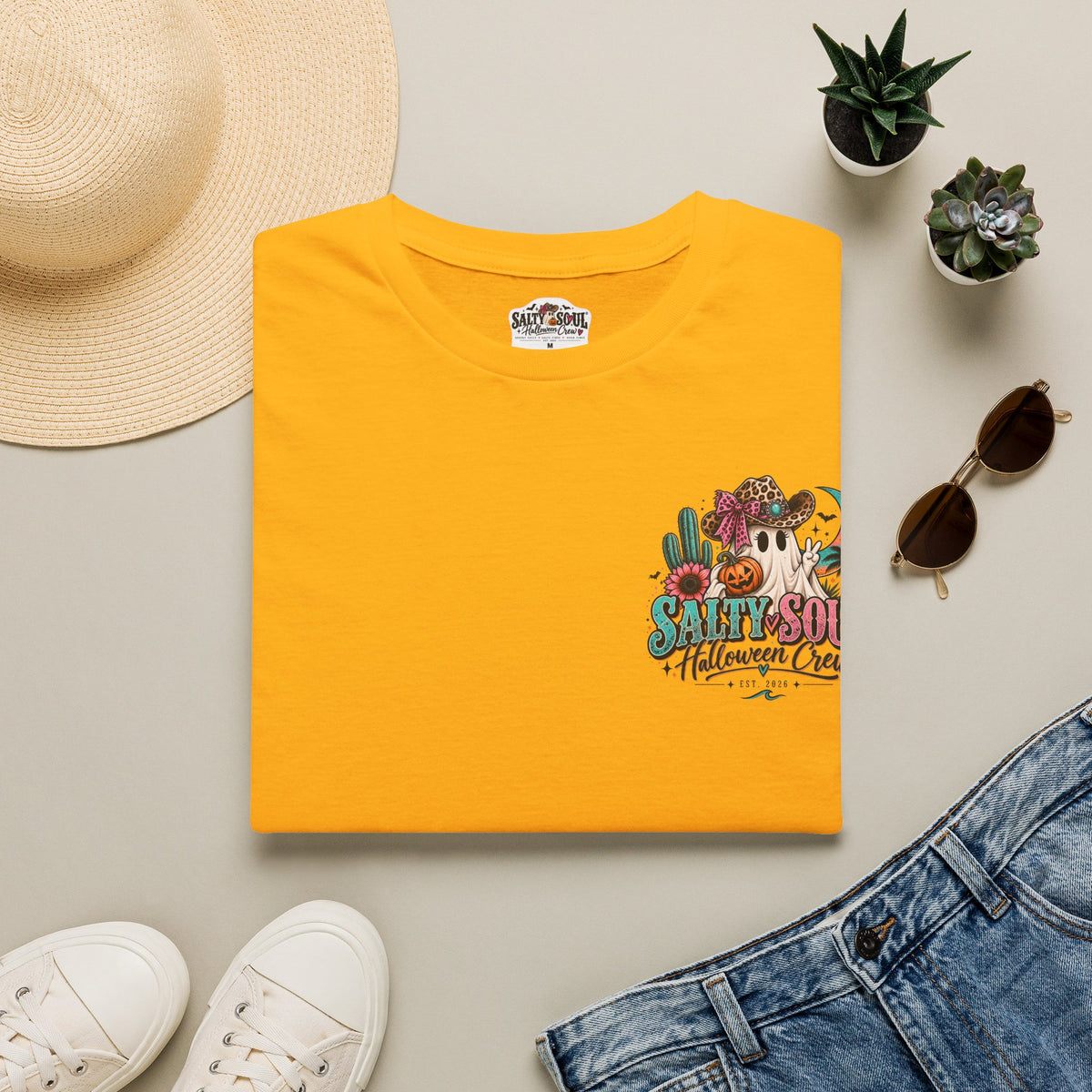 Halloween Crewneck T-Shirt – Spooky Cactus Pumpkin Desert Floral "Salty Soul" Design