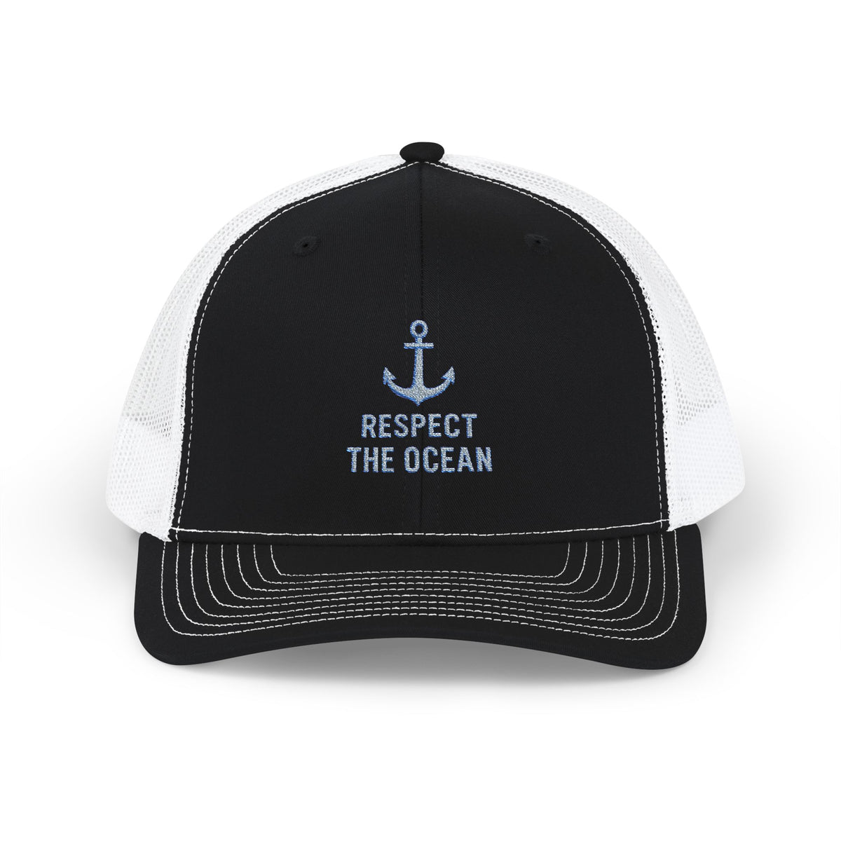 Respect the Ocean Snapback Trucker Cap — Anchor Embroidered Beach Hat