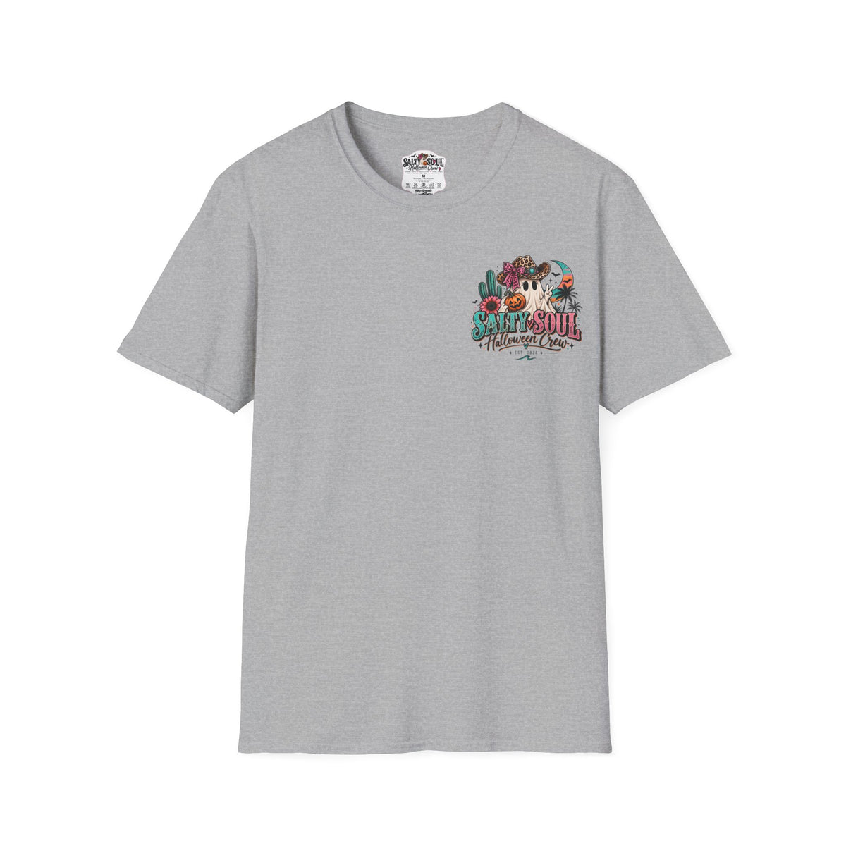 Halloween Crewneck T-Shirt – Spooky Cactus Pumpkin Desert Floral "Salty Soul" Design