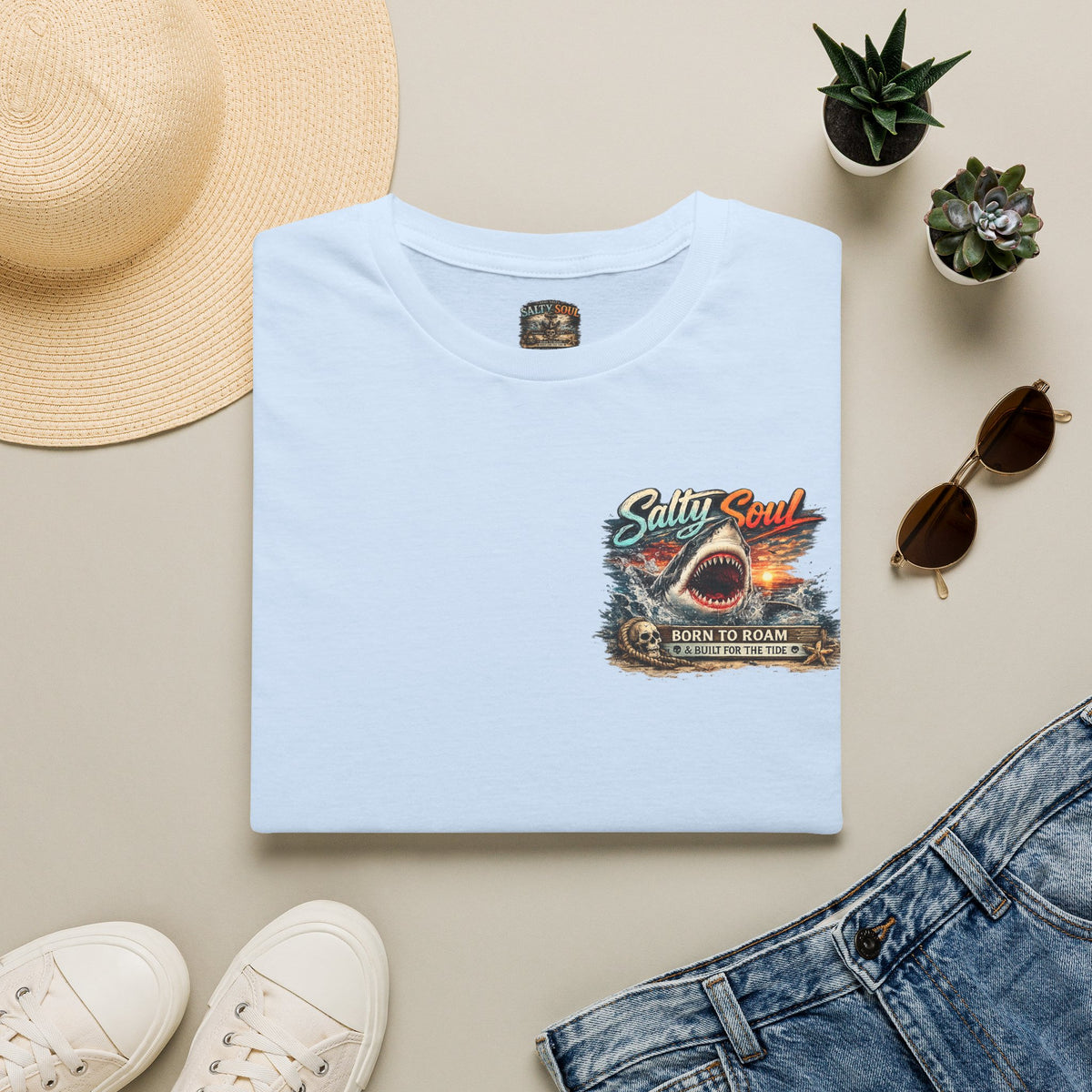 T-Shirt — "Salty Soul" Beach Shark Graphic Tee