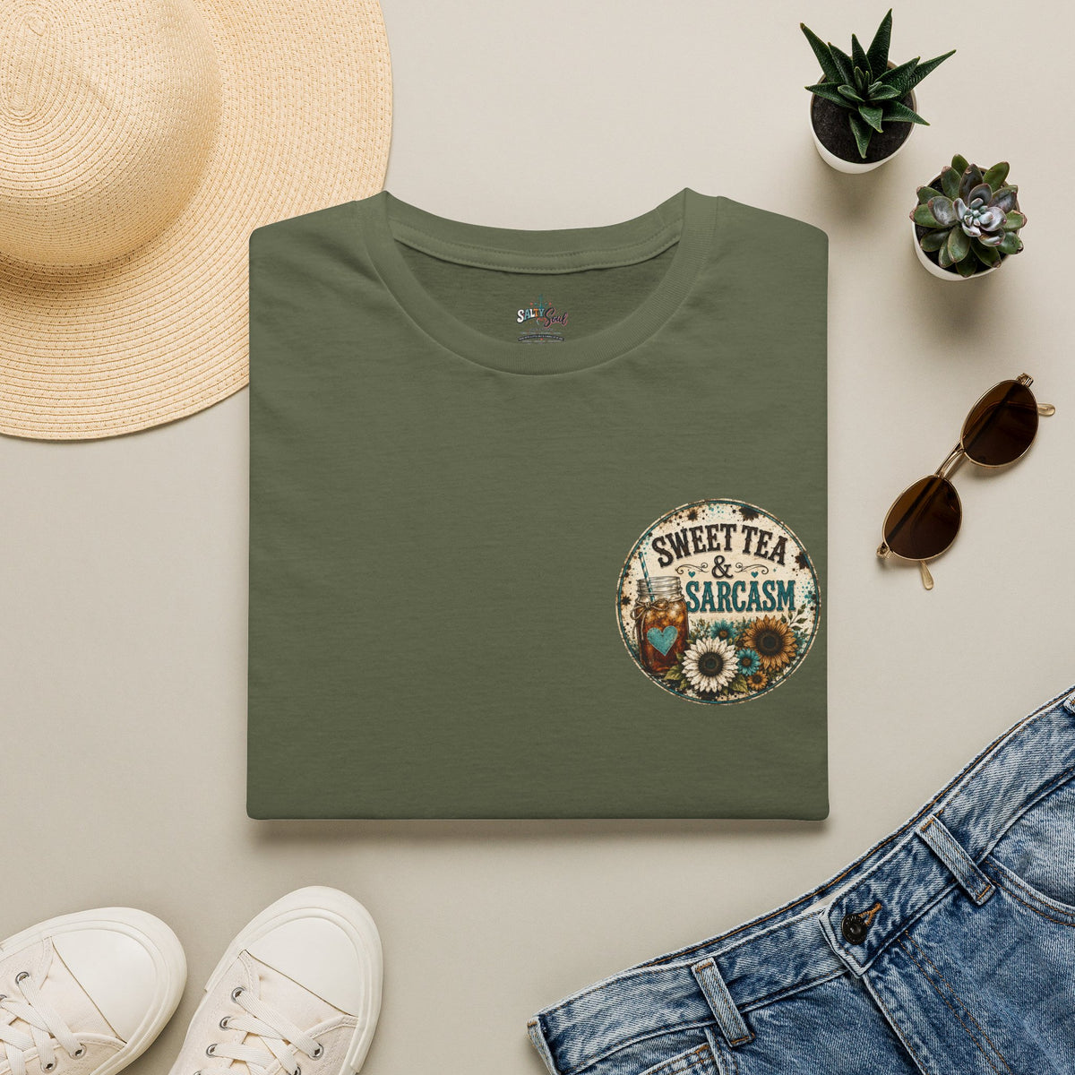 T-Shirt — “Sweet Tea & Sarcasm” Vintage Floral Pocket Tee