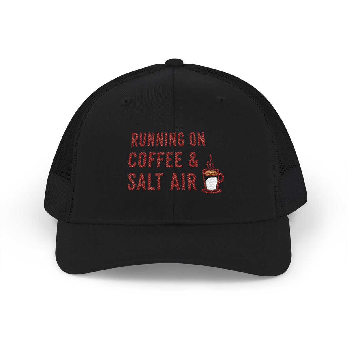 Coffee & Salt Air Trucker Cap — "Running on Coffee & Salt Air" Embroidered Snapback