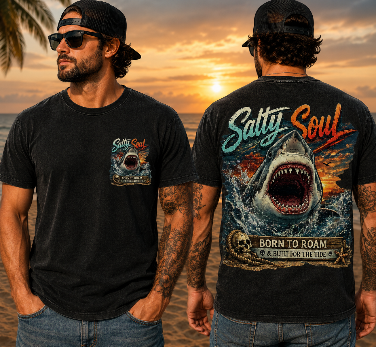 T-Shirt — "Salty Soul" Beach Shark Graphic Tee