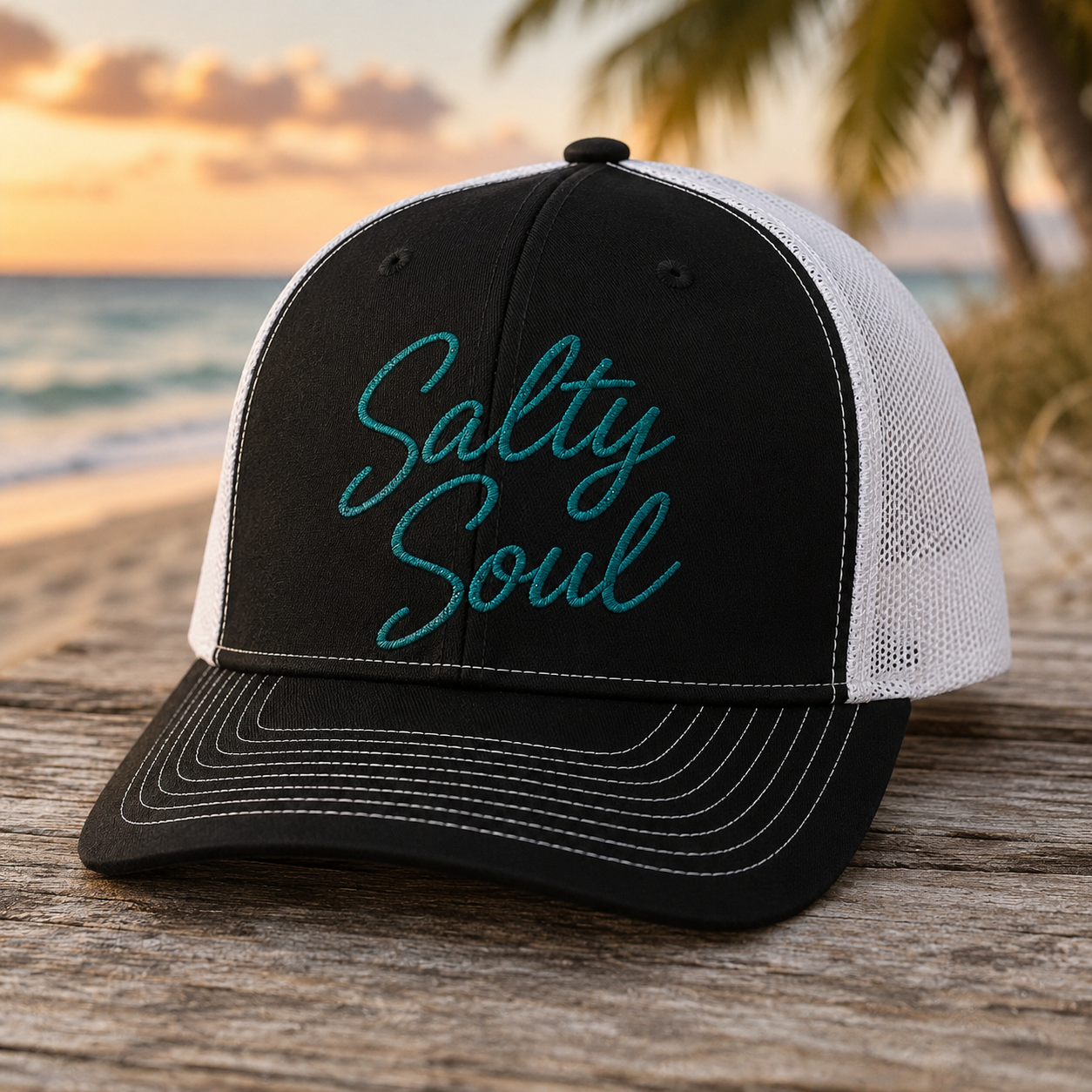 Salty Soul Trucker Cap — Embroidered Beach Snapback Hat