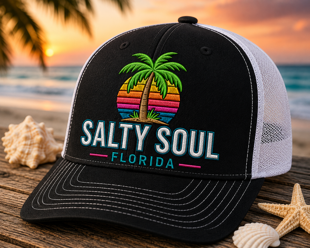 Salty Soul Trucker Cap – Retro Palm Beach Snapback Hat