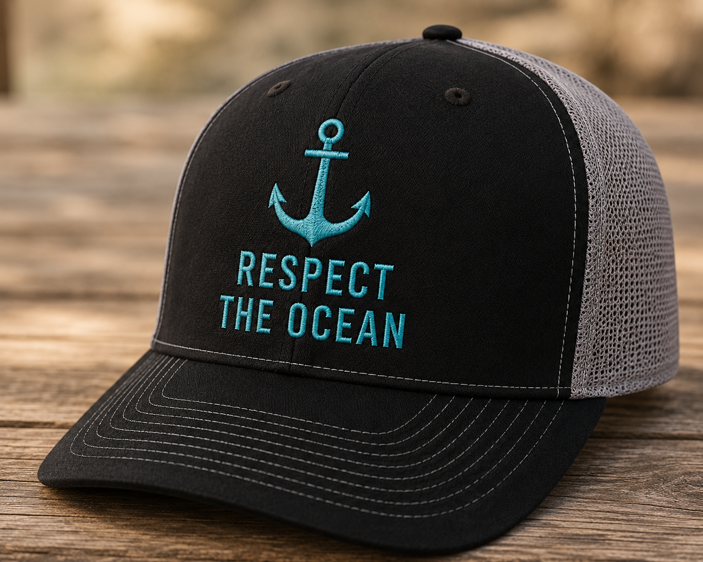 Respect the Ocean Snapback Trucker Cap — Anchor Embroidered Beach Hat