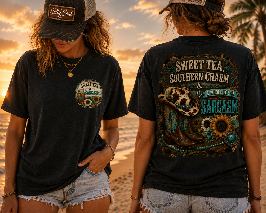 T-Shirt — “Sweet Tea & Sarcasm” Vintage Floral Pocket Graphic