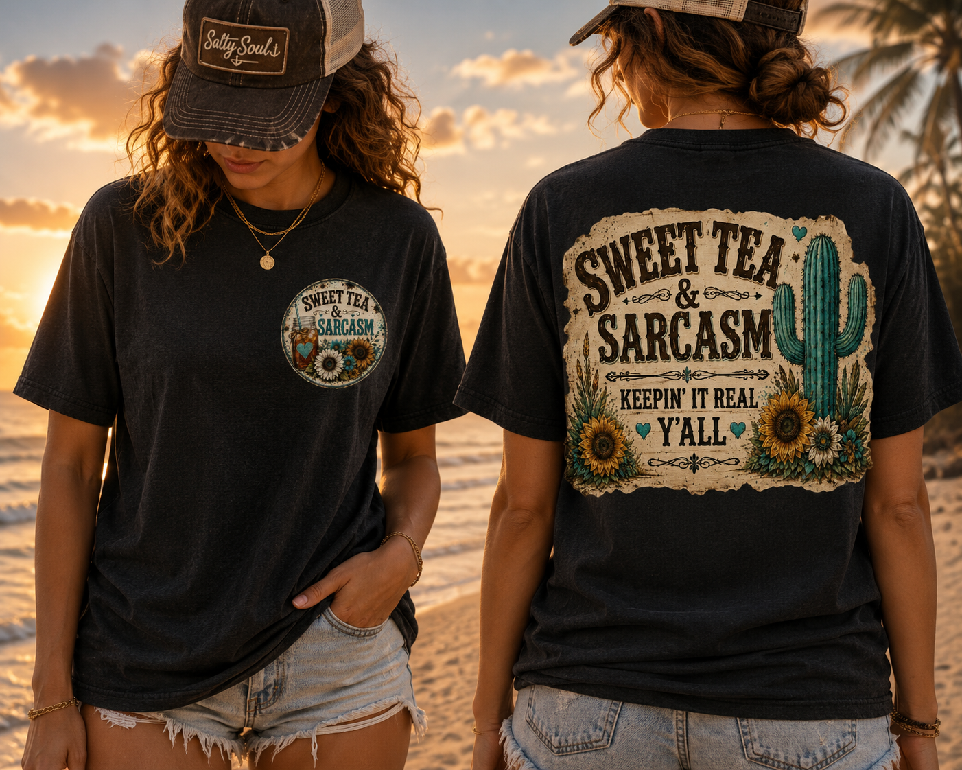 T-Shirt — 'Sweet Tea & Sarcasm' Vintage Floral Pocket Graphic