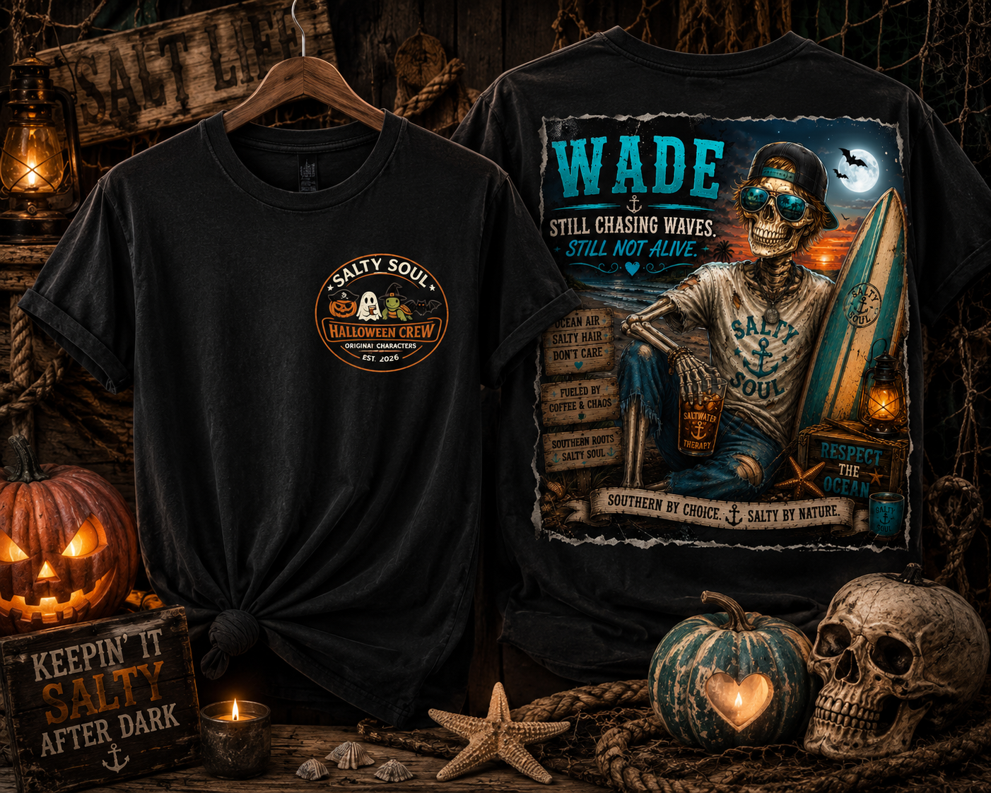 Salty After Dark Halloween Skeleton T-Shirt — Minimal Pocket Campfire Graphic