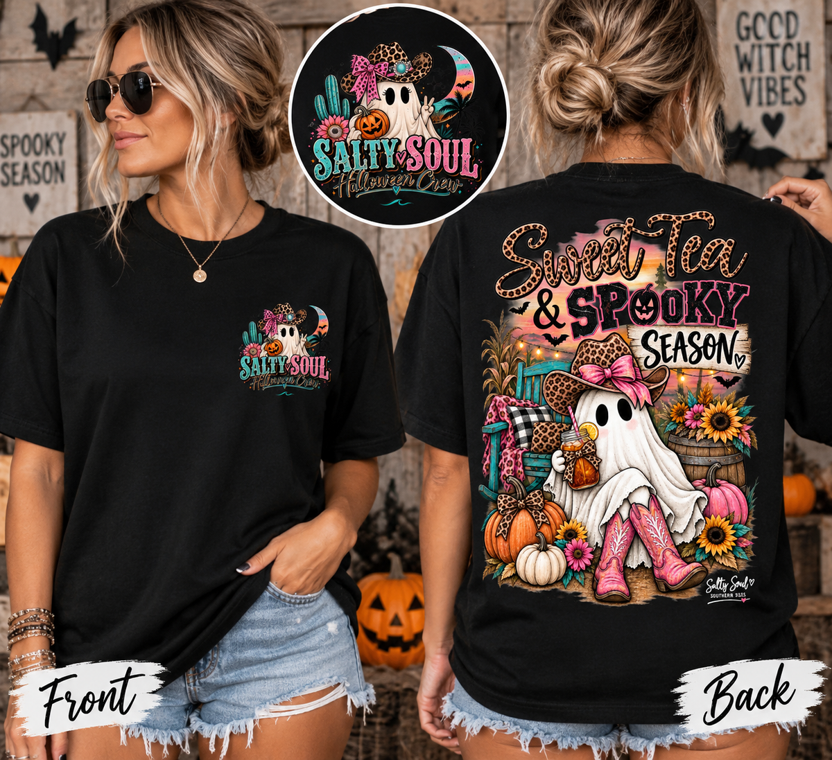 Halloween Ghost Graphic T-Shirt — 'Salty Soul' Cactus Pumpkin Chest Print