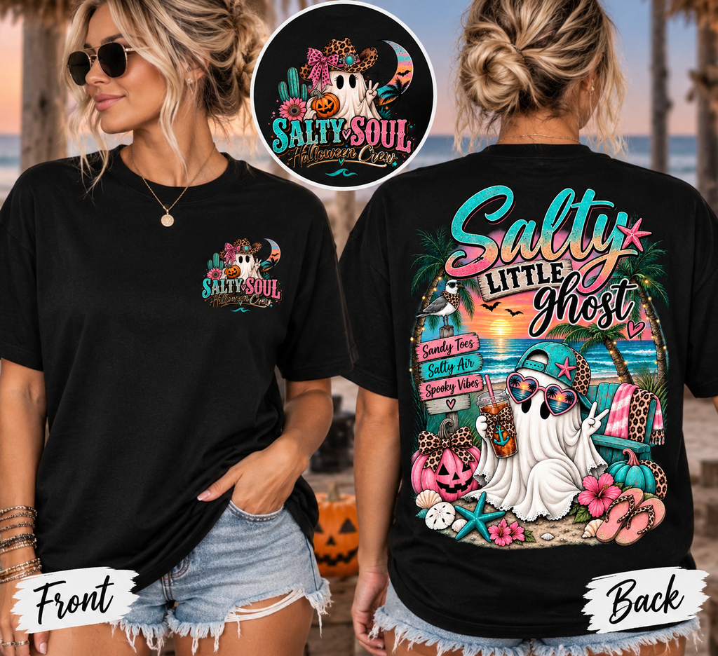 Halloween Crewneck T-Shirt – Spooky Cactus Pumpkin Desert Floral "Salty Soul" Design