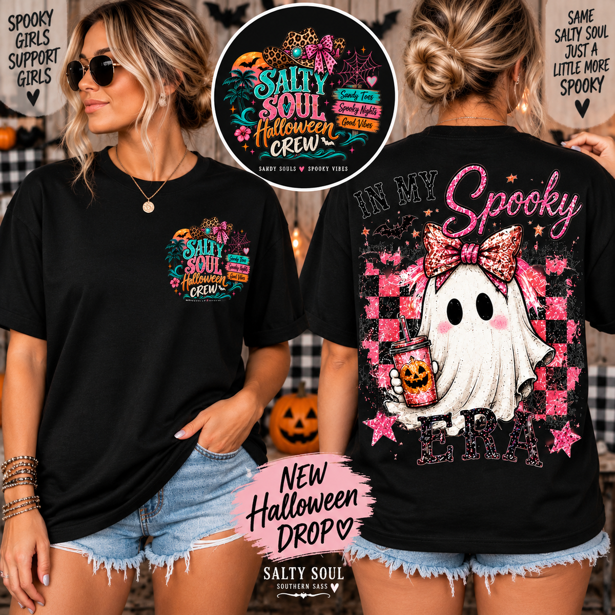 Salty Soul Spooky Vibes Club Vintage Beach Tee — Spooky Vibes Palm Sunset T-Shirt