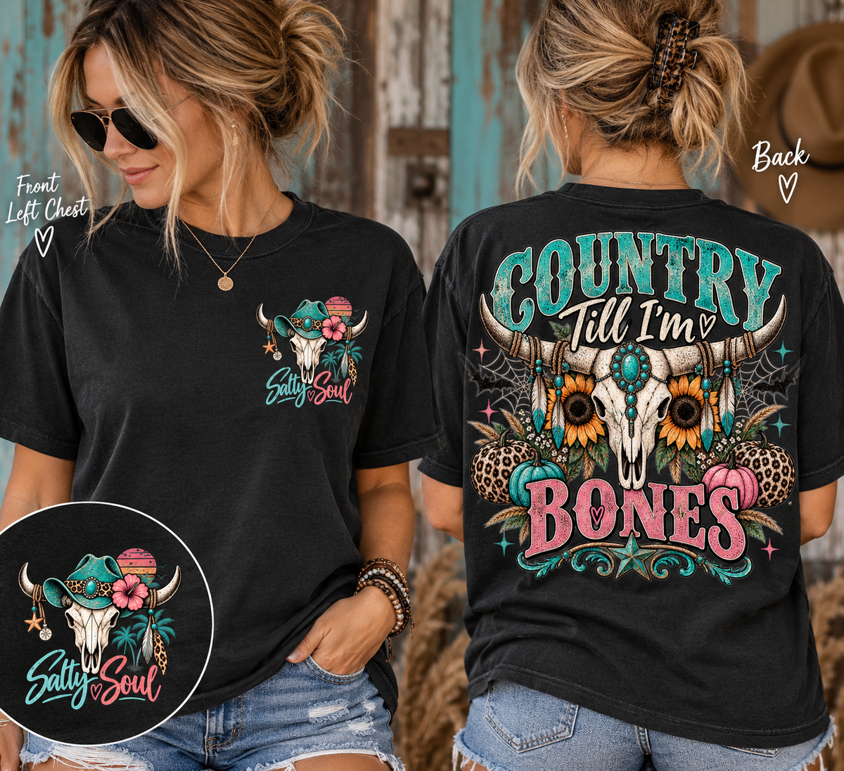 T-Shirt — Salty Soul Southern Sass Floral Bull Skull Graphic Tee