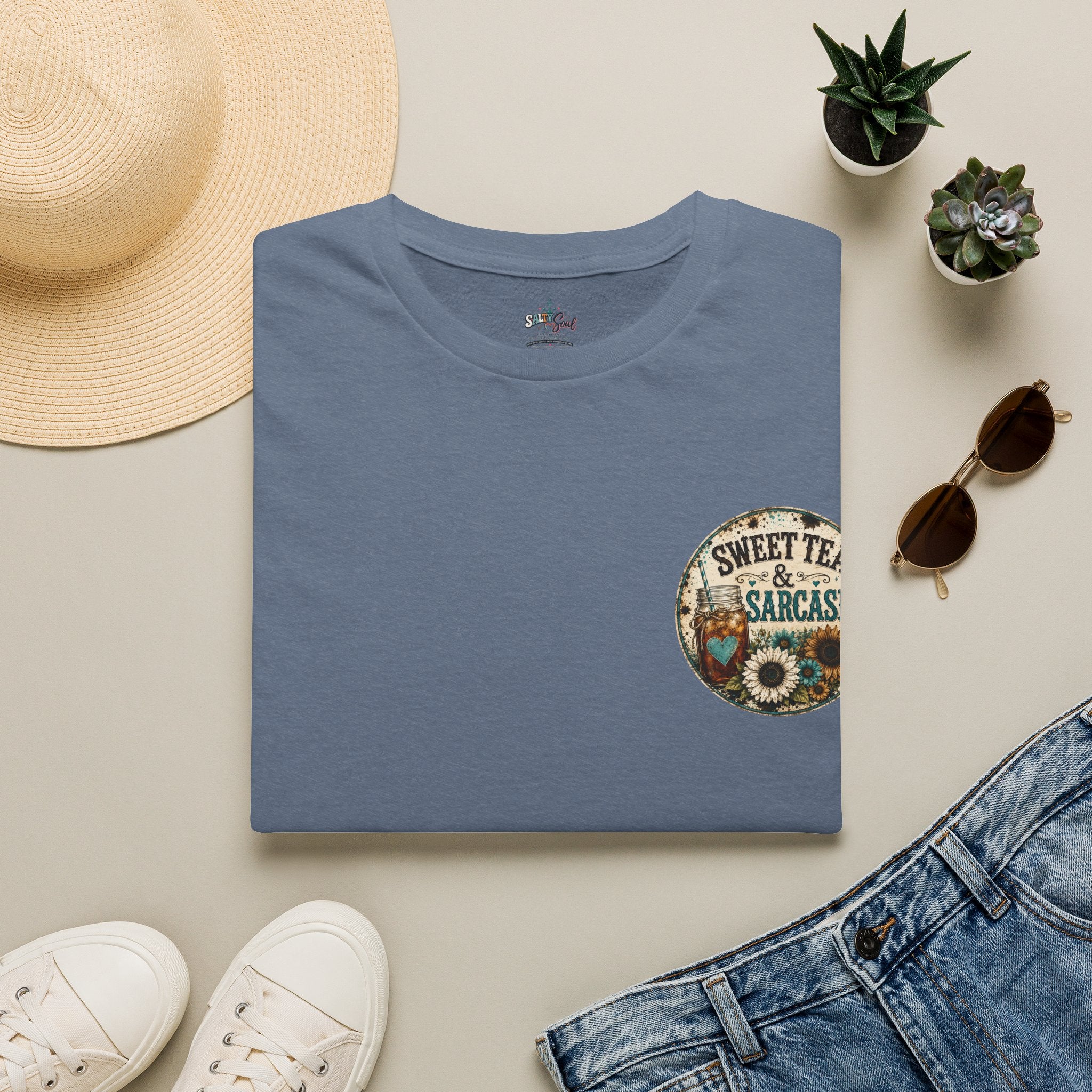 T-Shirt — 'Sweet Tea & Sarcasm' Vintage Sunflower Pocket Graphic Tee