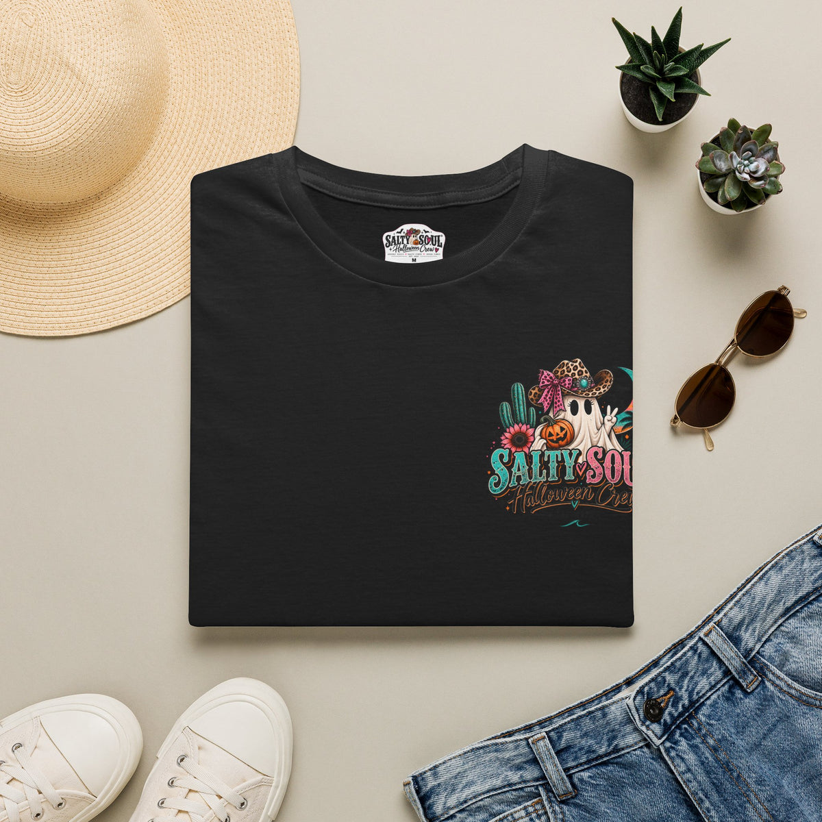 Halloween Crewneck T-Shirt – Spooky Cactus Pumpkin Desert Floral "Salty Soul" Design