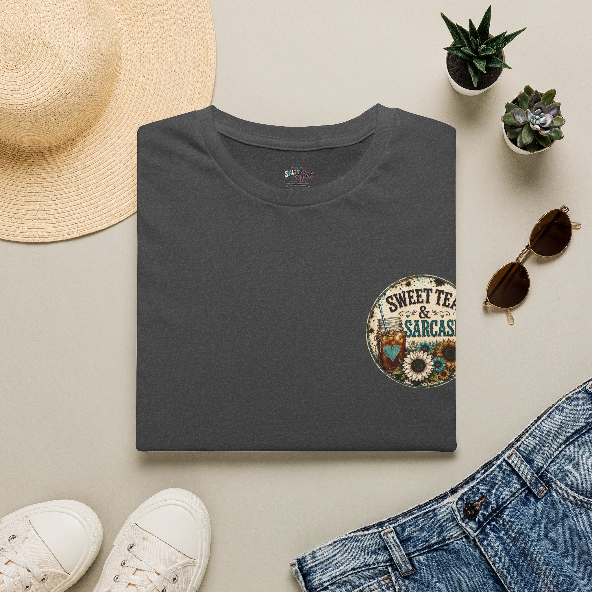 T-Shirt — 'Sweet Tea & Sarcasm' Vintage Sunflower Pocket Graphic Tee