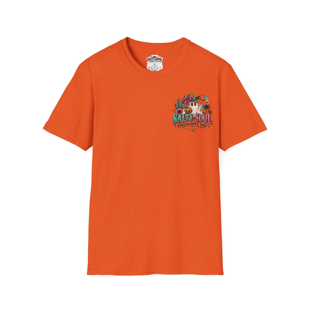 Halloween Crewneck T-Shirt – Spooky Cactus Pumpkin Desert Floral "Salty Soul" Design