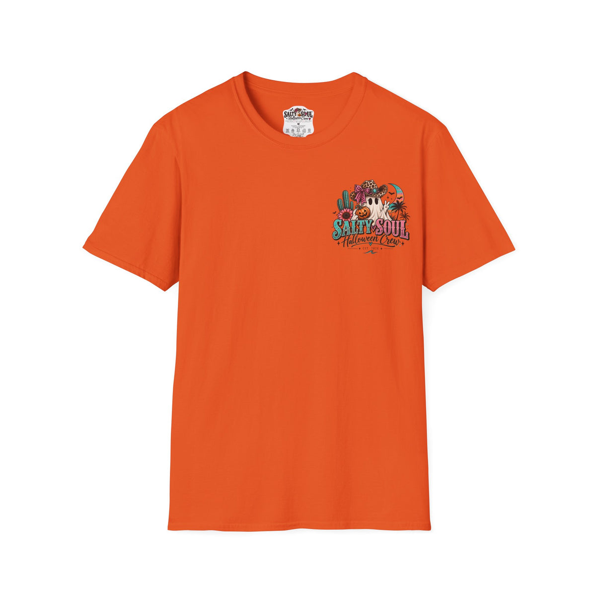 Halloween Crewneck T-Shirt – Spooky Cactus Pumpkin Desert Floral "Salty Soul" Design