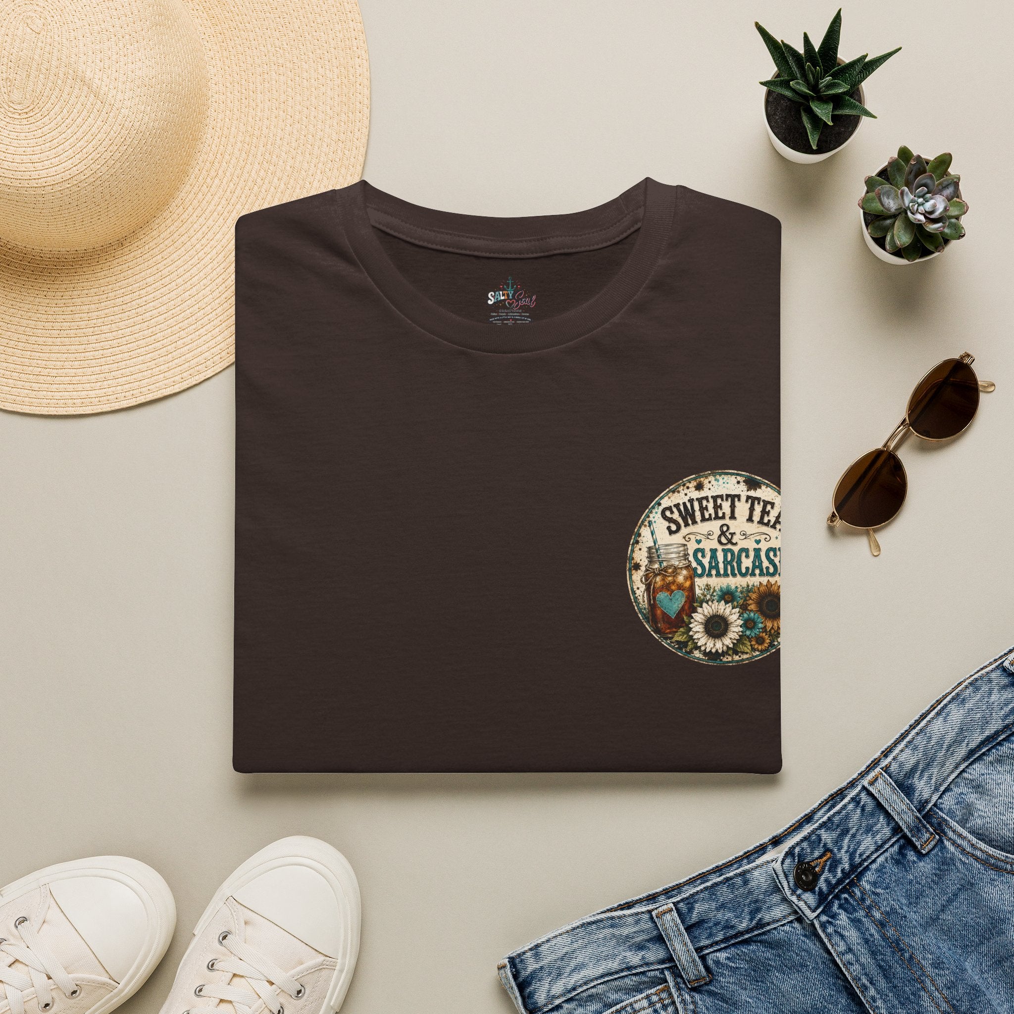 T-Shirt — 'Sweet Tea & Sarcasm' Vintage Sunflower Pocket Graphic Tee