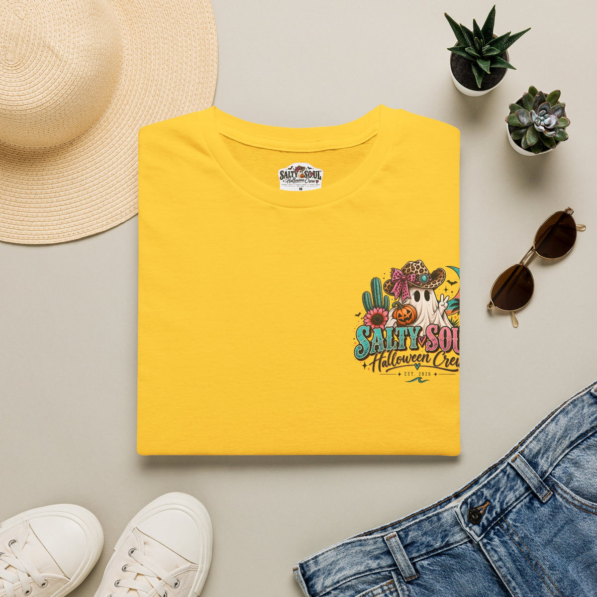 Halloween Crewneck T-Shirt – Spooky Cactus Pumpkin Desert Floral "Salty Soul" Design