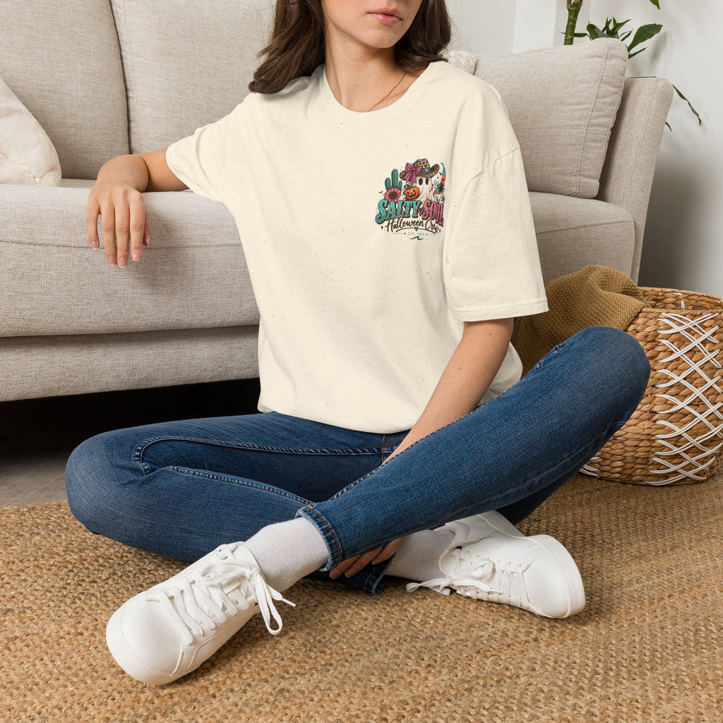 Halloween Crewneck T-Shirt – Spooky Cactus Pumpkin Desert Floral "Salty Soul" Design