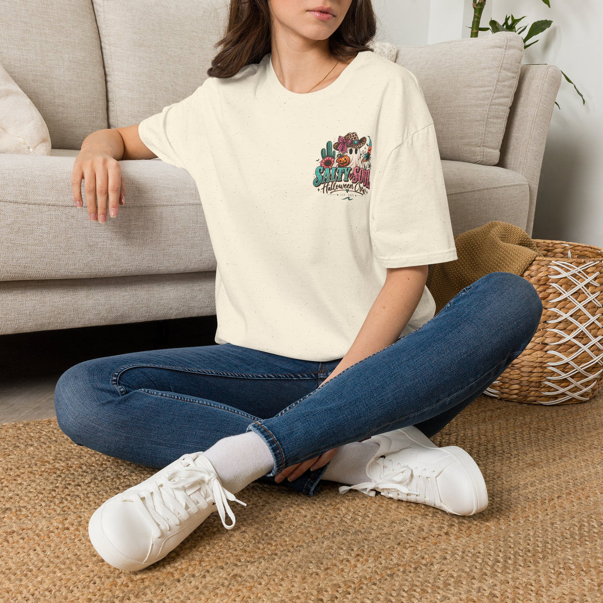 Halloween Crewneck T-Shirt – Spooky Cactus Pumpkin Desert Floral "Salty Soul" Design