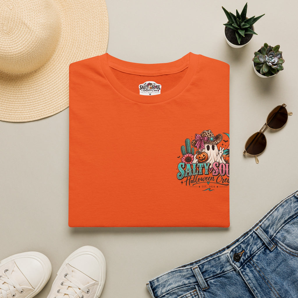 Halloween Crewneck T-Shirt – Spooky Cactus Pumpkin Desert Floral "Salty Soul" Design