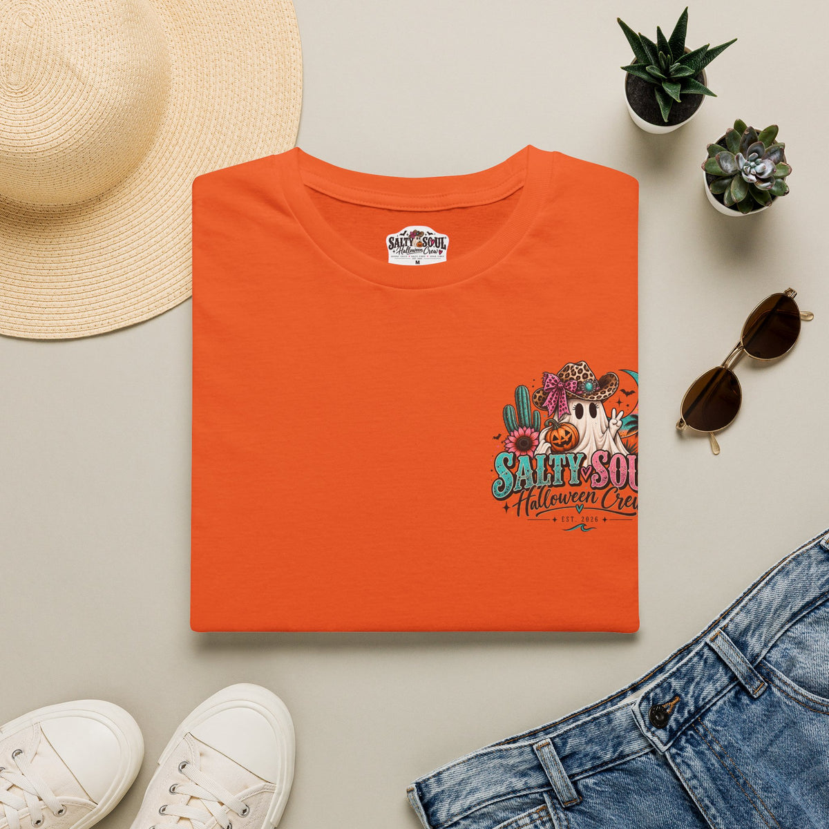 Halloween Crewneck T-Shirt – Spooky Cactus Pumpkin Desert Floral "Salty Soul" Design