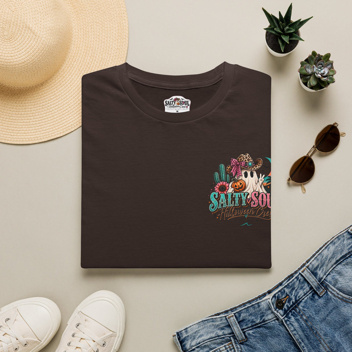 Halloween Crewneck T-Shirt – Spooky Cactus Pumpkin Desert Floral "Salty Soul" Design
