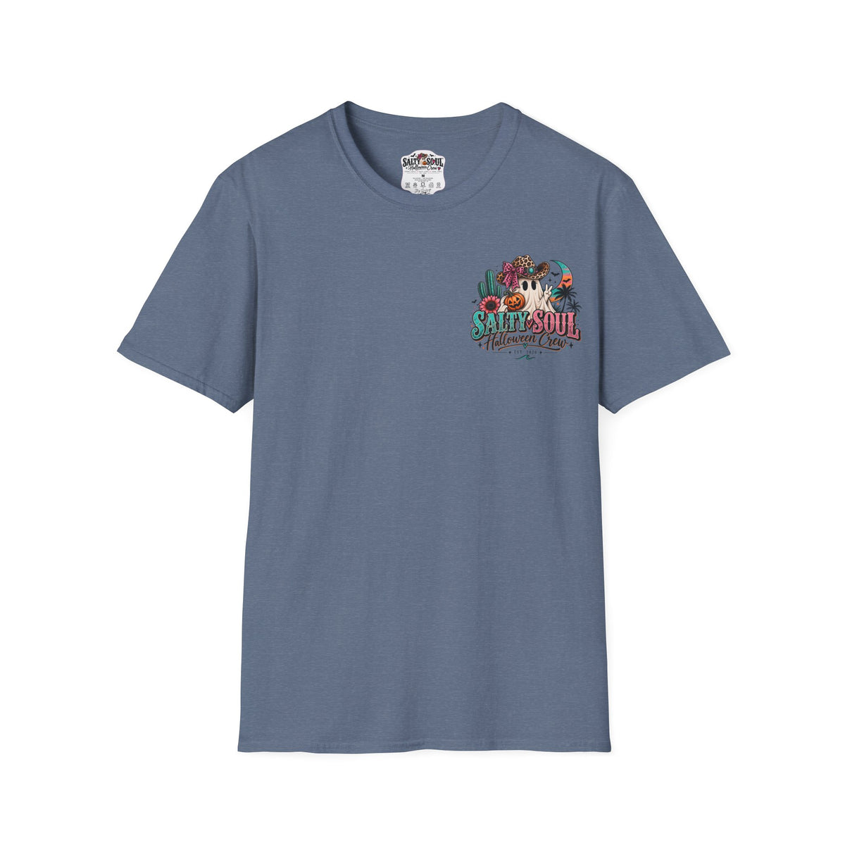 Halloween Crewneck T-Shirt – Spooky Cactus Pumpkin Desert Floral "Salty Soul" Design
