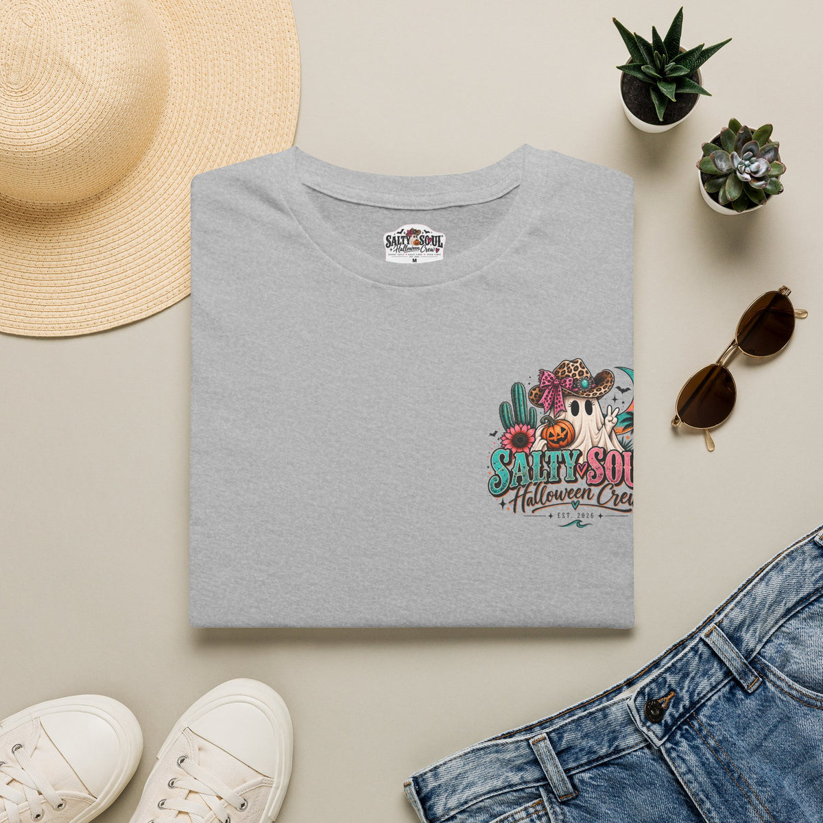 Halloween Crewneck T-Shirt – Spooky Cactus Pumpkin Desert Floral "Salty Soul" Design