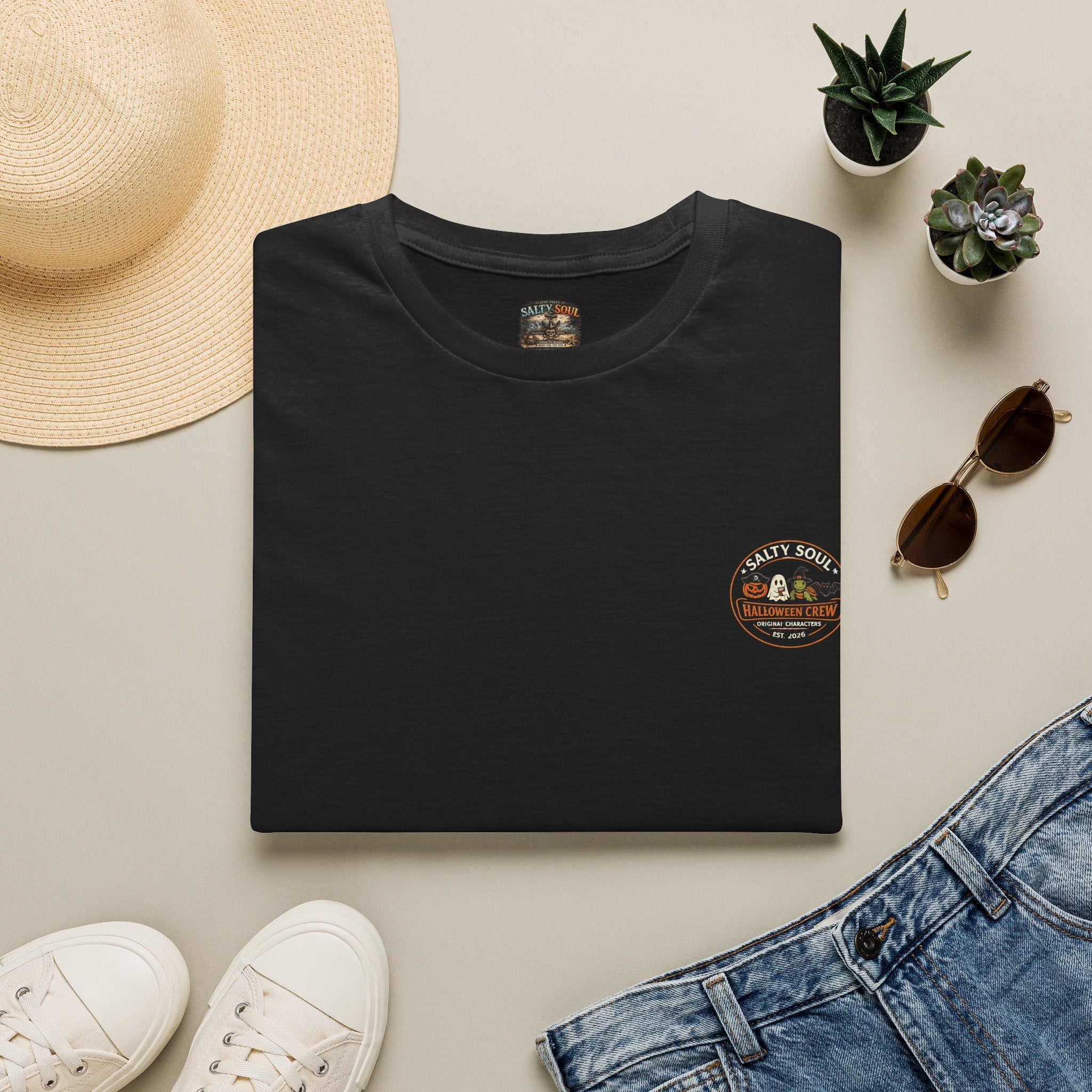 Salty After Dark Halloween Skeleton T-Shirt — Minimal Pocket Campfire Graphic