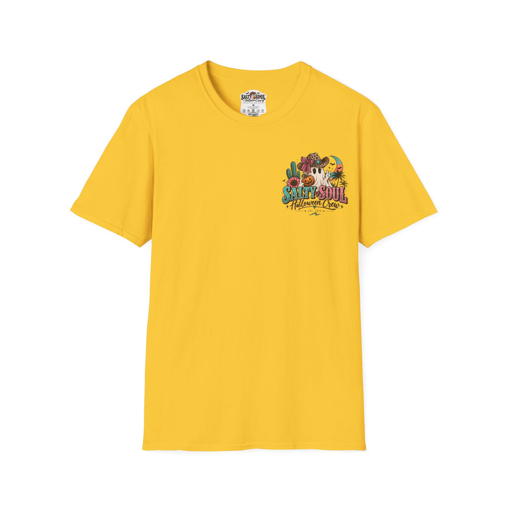Halloween Crewneck T-Shirt – Spooky Cactus Pumpkin Desert Floral "Salty Soul" Design