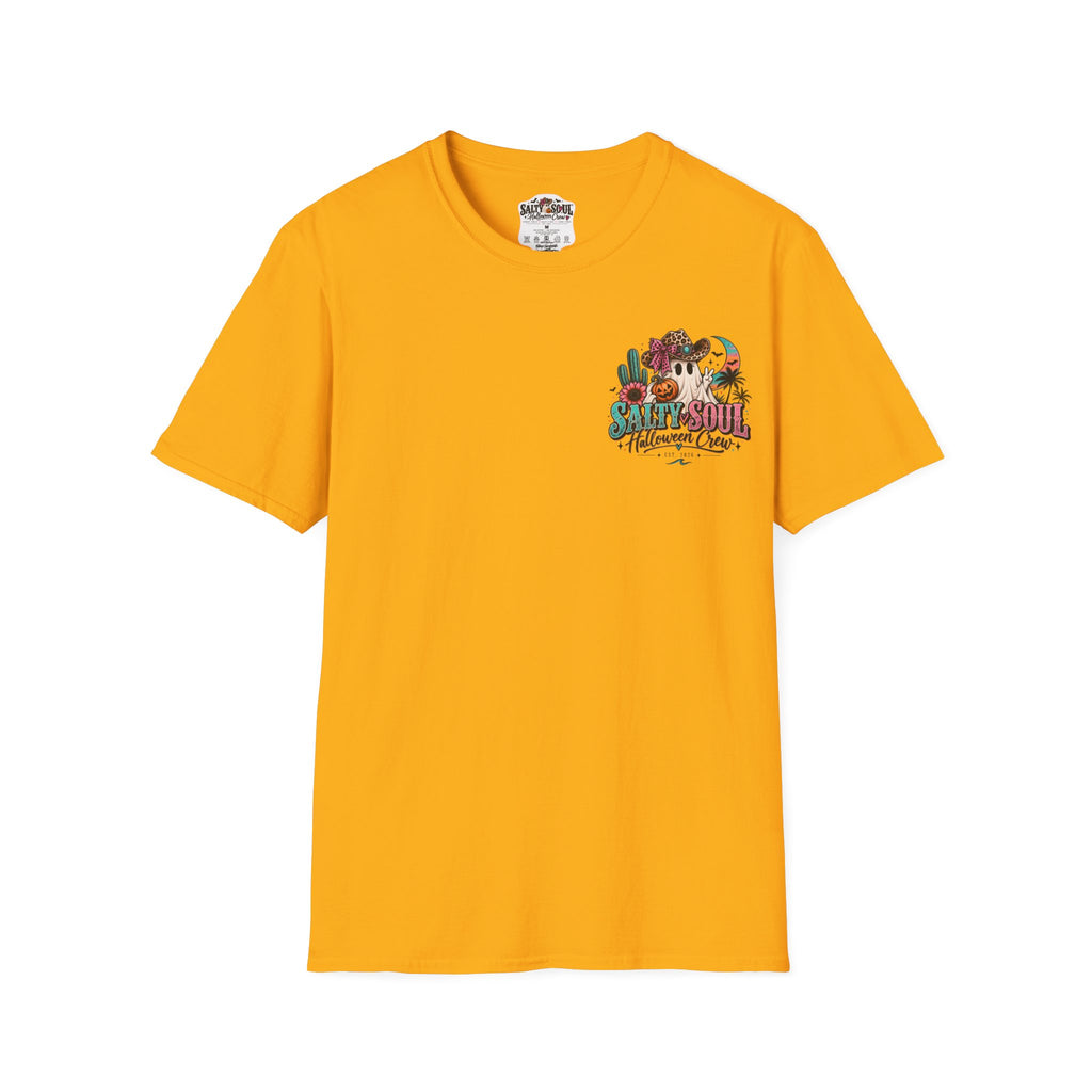 Halloween Crewneck T-Shirt – Spooky Cactus Pumpkin Desert Floral "Salty Soul" Design