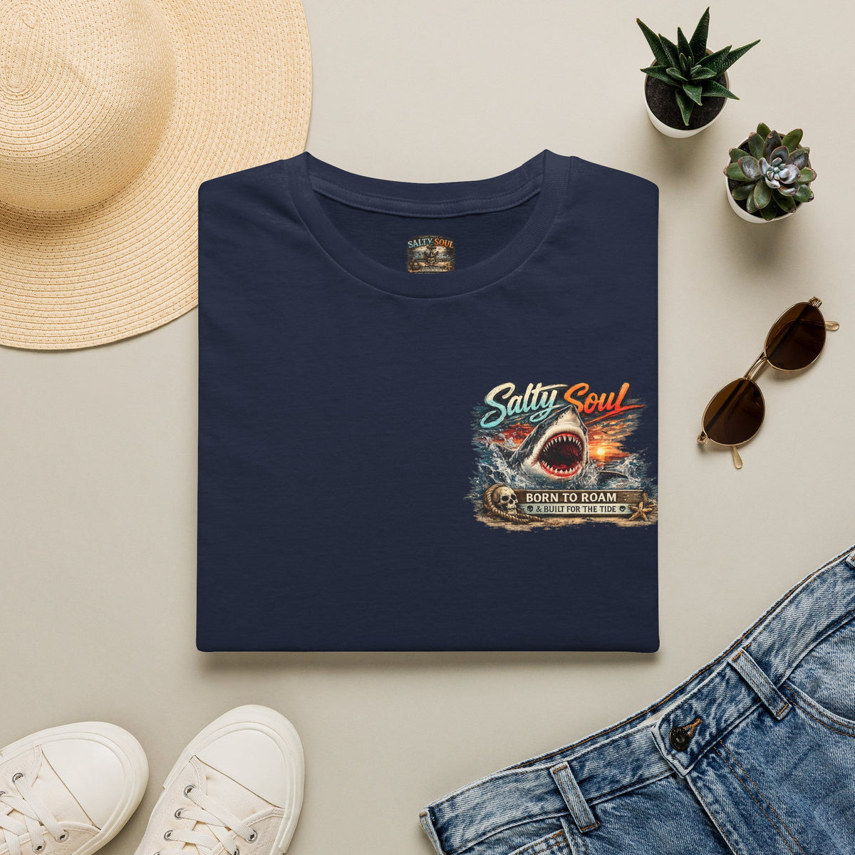 T-Shirt — "Salty Soul" Beach Shark Graphic Tee