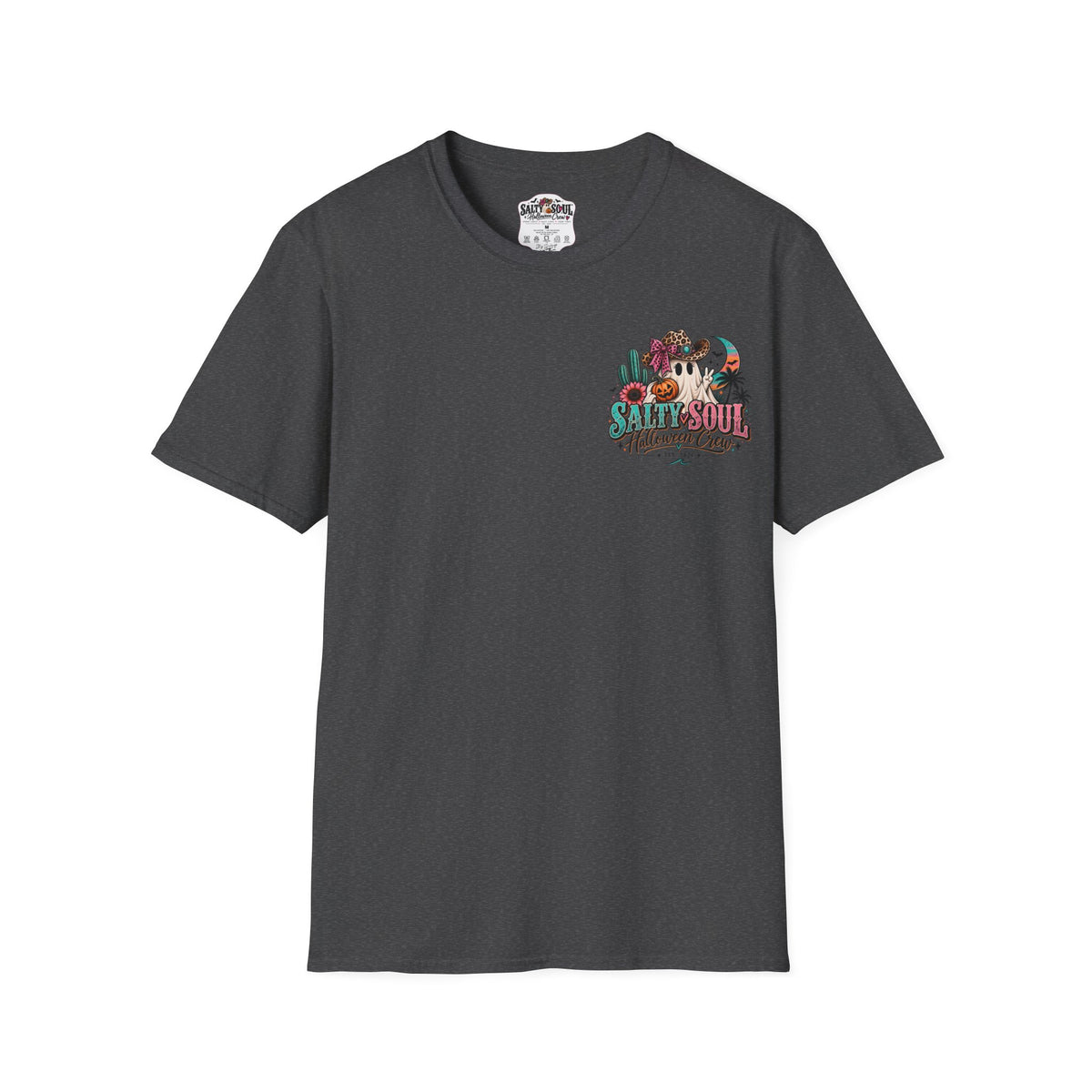 Halloween Crewneck T-Shirt – Spooky Cactus Pumpkin Desert Floral "Salty Soul" Design