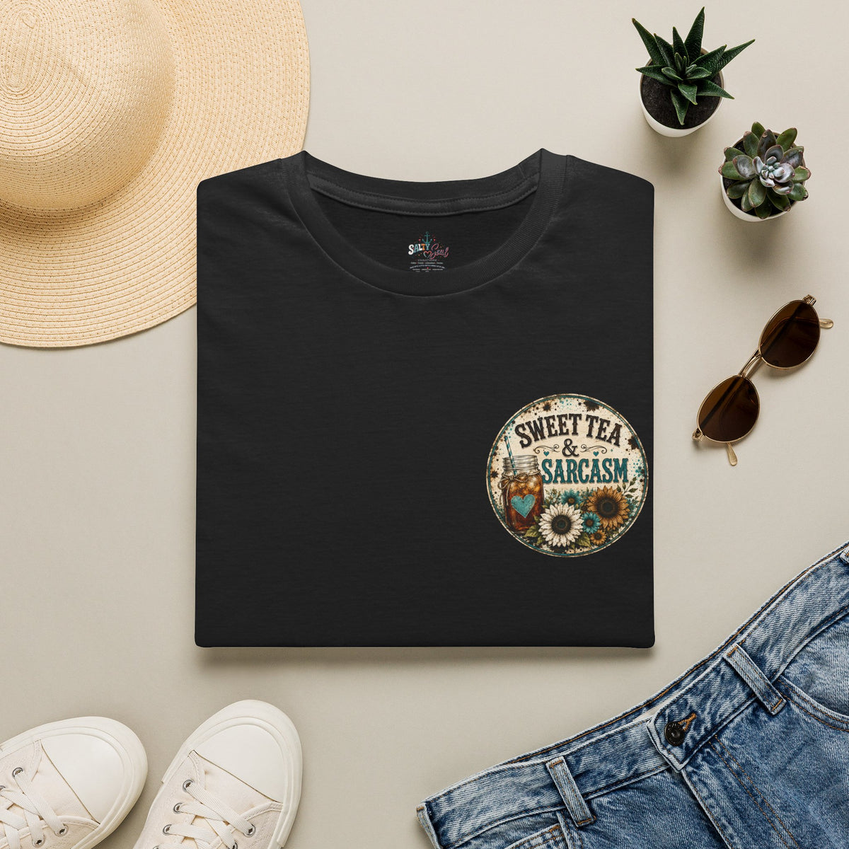 T-Shirt — 'Sweet Tea & Sarcasm' Vintage Floral Pocket Graphic